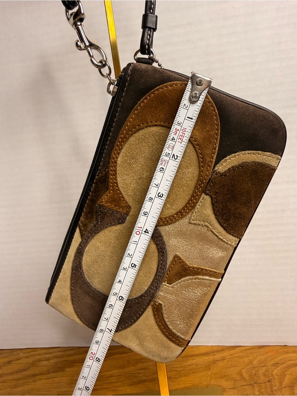 Coach Signature Patchwork Suede Wristlet Brown Tan Leather Pouch Y2K - Picture 2 of 12